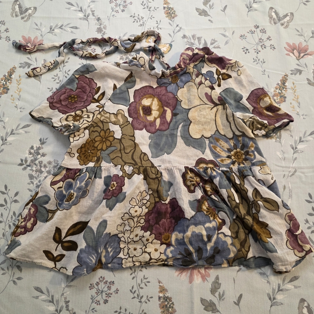 Zara Trafaluc Floral Tie Neck Blouse | Boho Peplum Top | Size XS